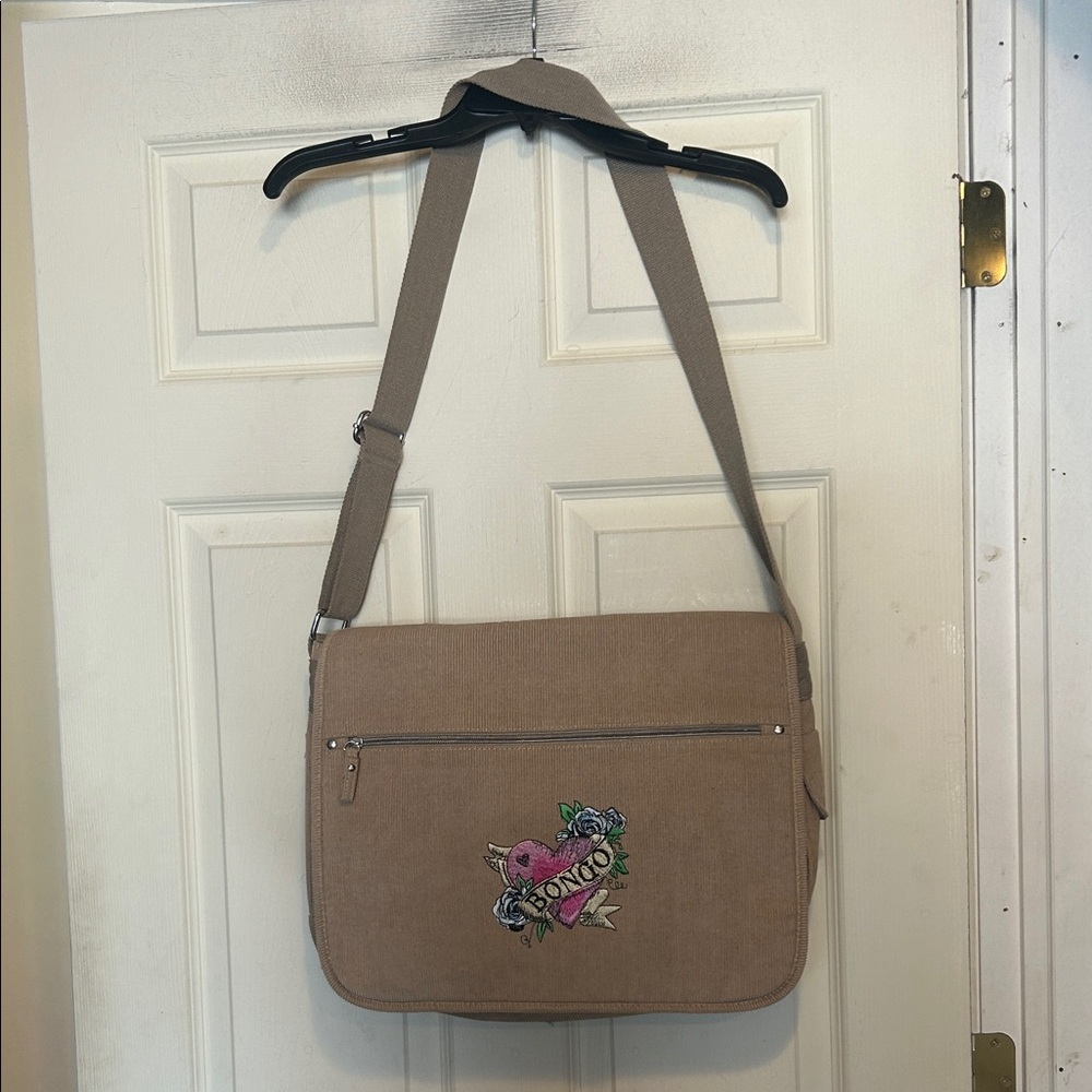 Bongo Beige Corduroy Messenger Bag with a decorative embroidered heart logo